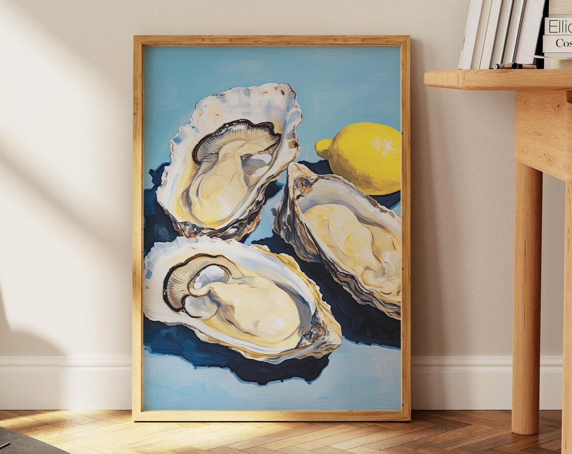 Fresh Oysters With Bright Lemon On Bold Blue Food Art Poster