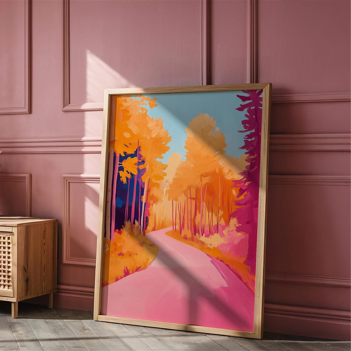 Pink Forest Road Through Orange Autumn Woods Fall Landscape Wall Art - Image 4