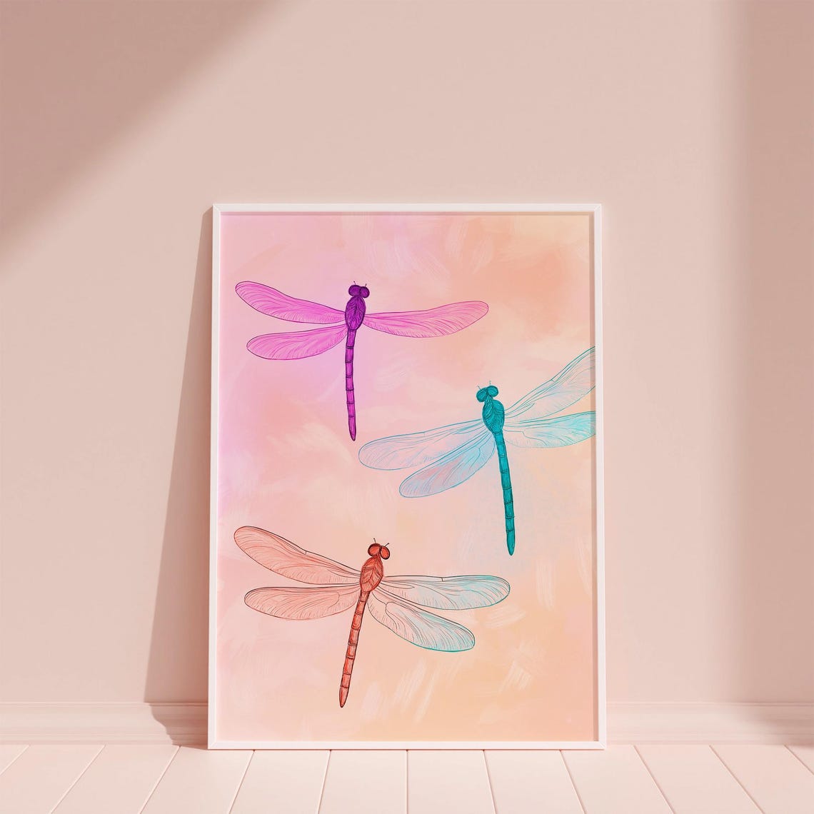 Three Colorful Dragonflies On Soft Peach Botanical Art Poster - Image 6