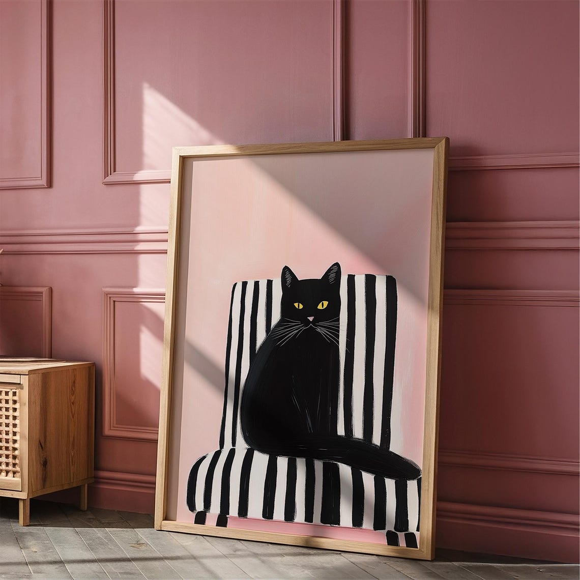 Black Cat Sitting on a Striped Chair Pink Modern Cat Lover Poster - Image 6