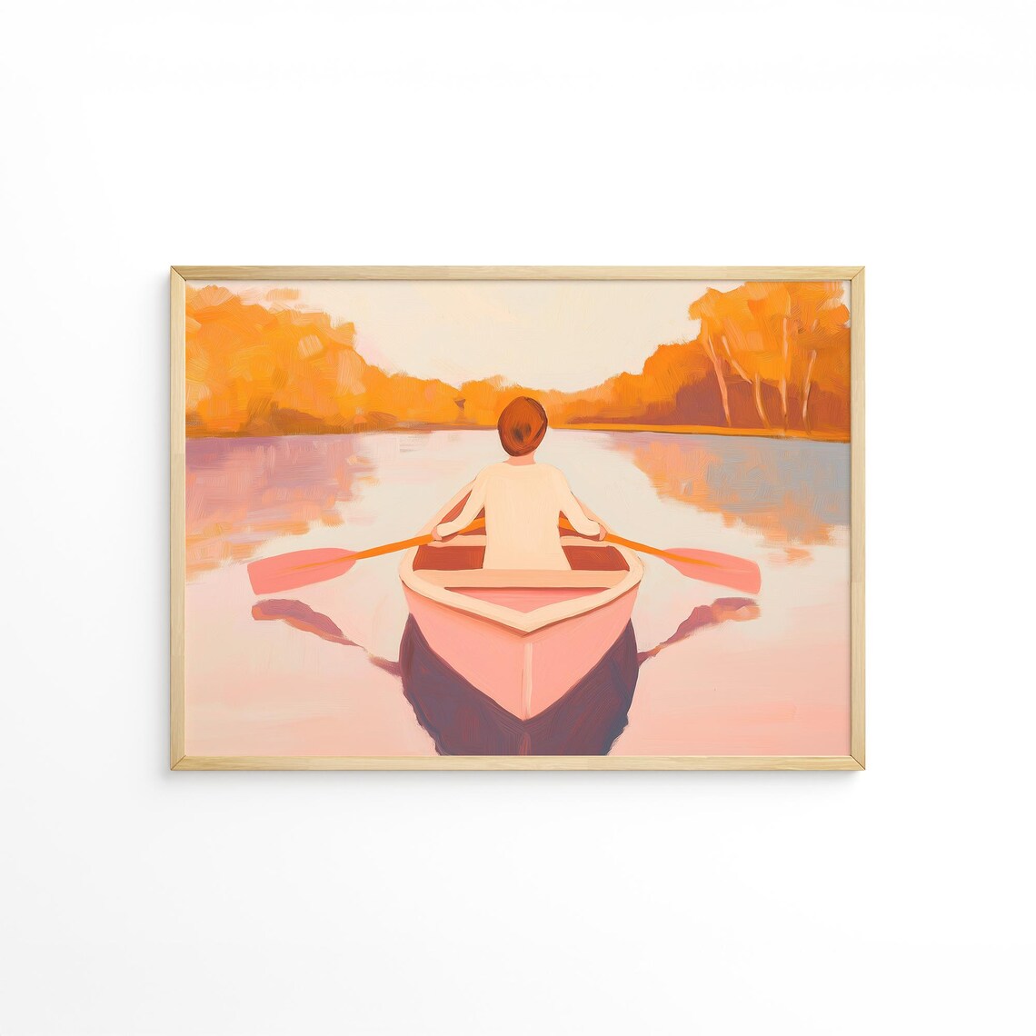 Woman Paddling Pink Canoe On Autumn Lake At Golden Sunset Poster - Image 5