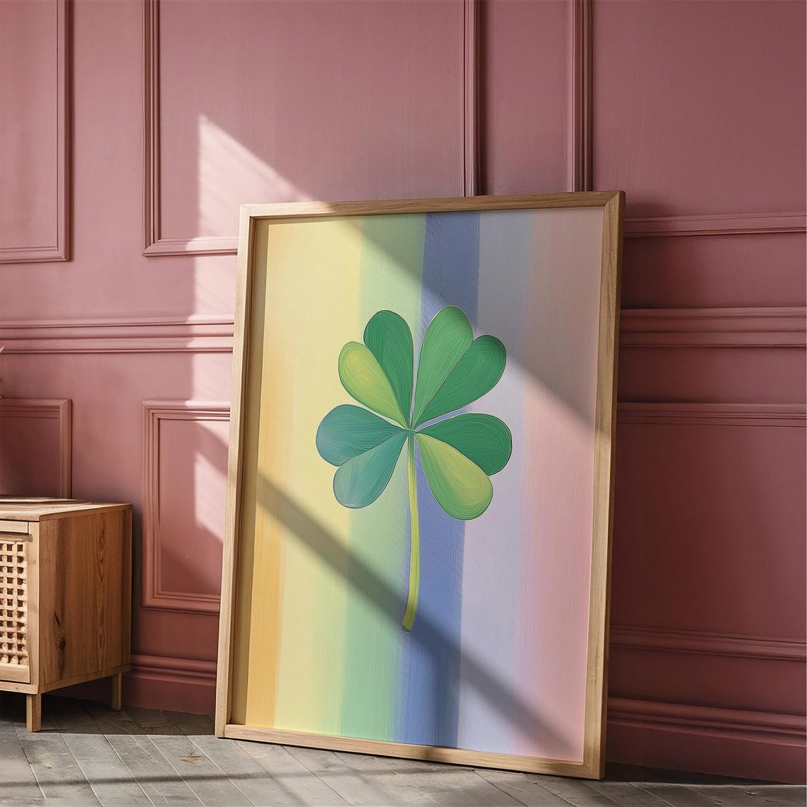 Green Shamrock On Pastel Rainbow Stripes Lucky Clover Poster - Image 3