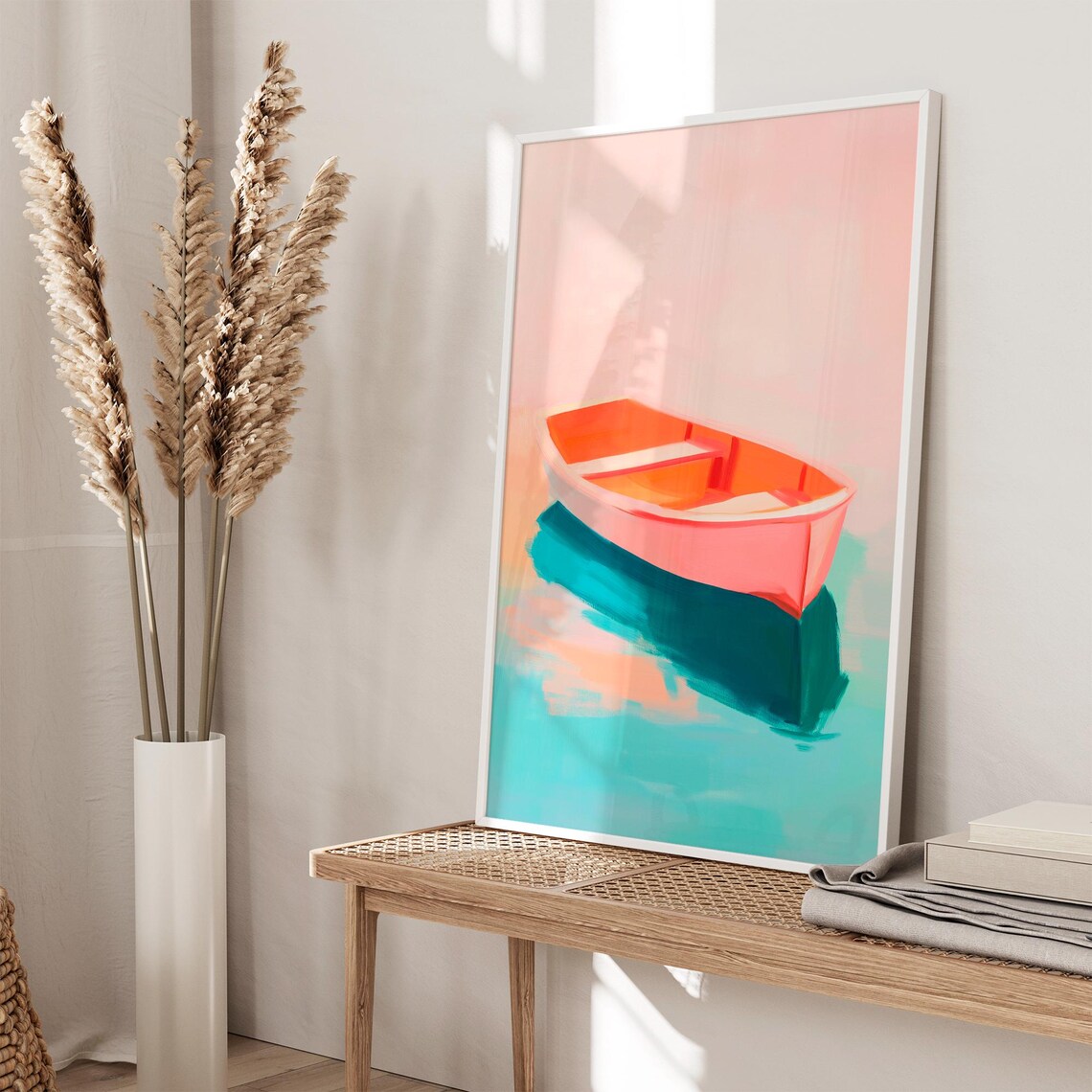 Pink Rowboat Floating on Turquoise Water Coastal Lake House Wall Art - Image 3
