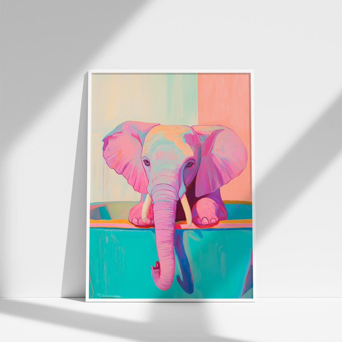 Pastel Pink Elephant in Turquoise Bathtub Whimsical Bathroom Poster - Image 3