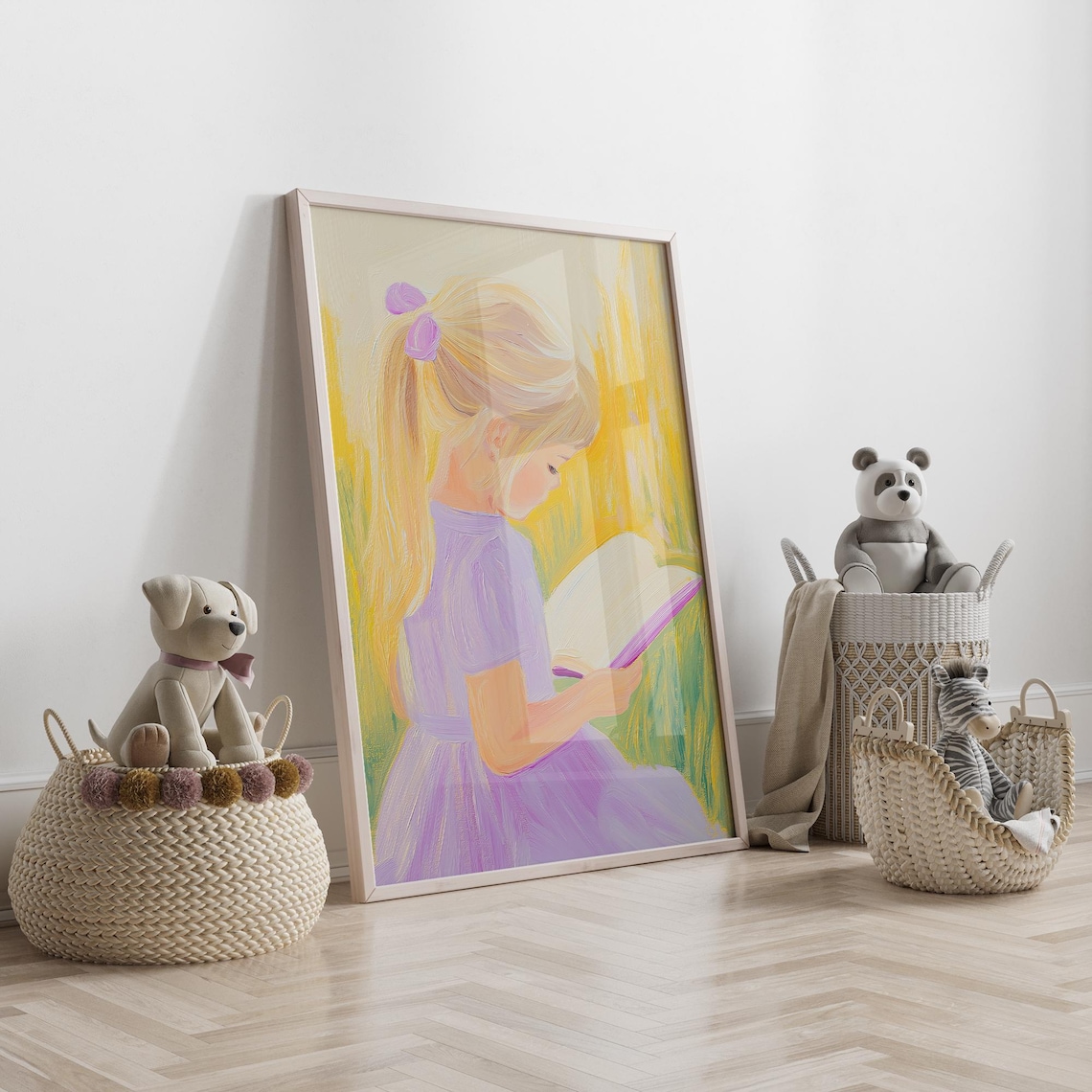 Blonde Girl in Purple Dress Reading in Golden Wheat Field Poster - Image 4