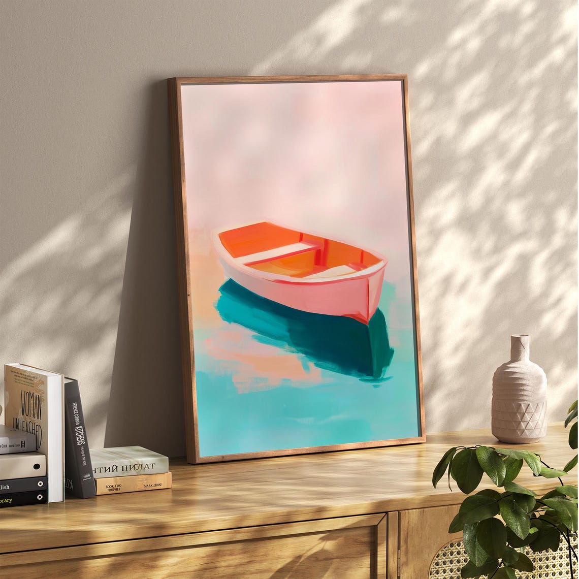 Pink Rowboat Floating on Turquoise Water Coastal Lake House Wall Art - Image 2