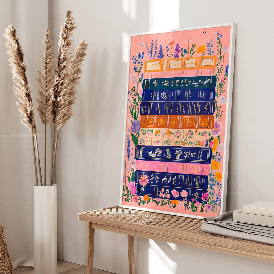 Wildflower Book Stack Reading Nook Colorful Library Lover Wall Art - Image 2