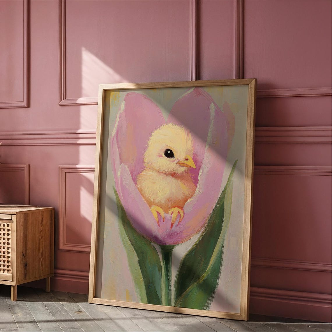 Baby Chick Nestled Inside Pink Tulip Cute Spring Nursery Poster - Image 4