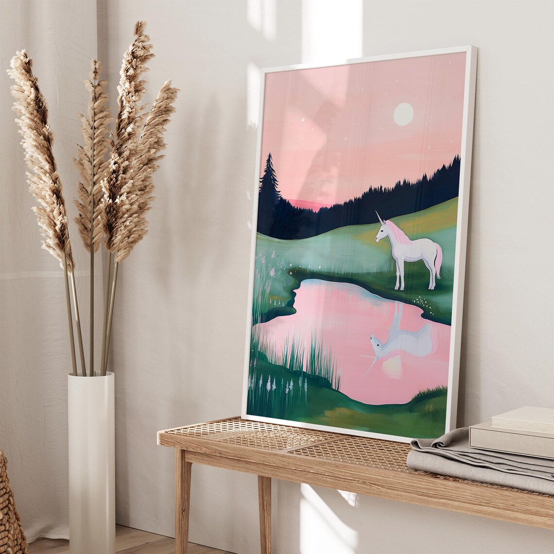 Moonlit White Unicorn At Pond Under Pink Night Sky Fantasy Poster - Image 3