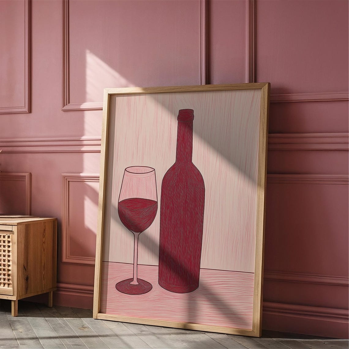 Red Wine Bottle and Wine Glass on Blush Pink Kitchen Decor Poster - Image 5