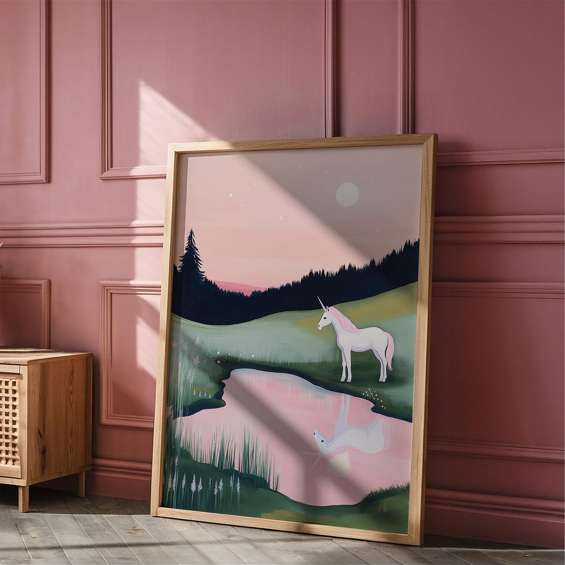 Moonlit White Unicorn At Pond Under Pink Night Sky Fantasy Poster - Image 6