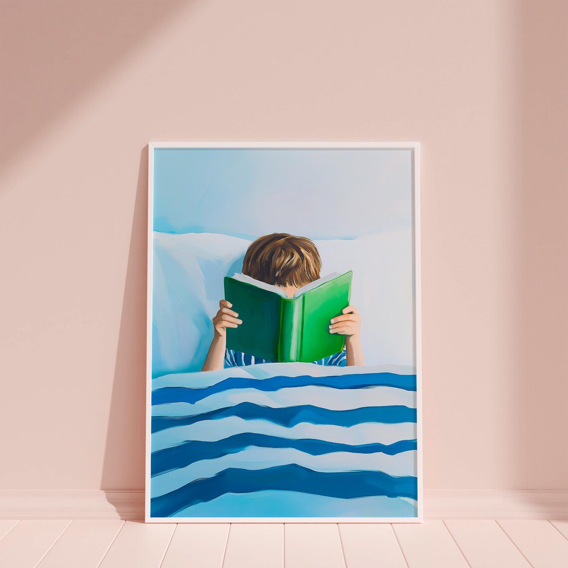 Little Boy Reading Green Book in Striped Bed Blue Bedroom Poster - Image 6