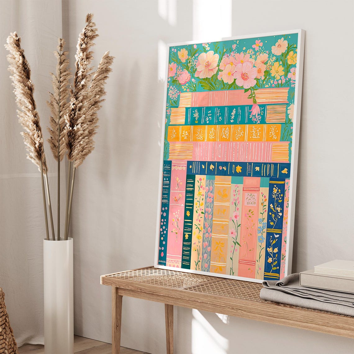 Teal Bookshelf Book Spines Stack Floral Botanical Book Lover Poster - Image 2