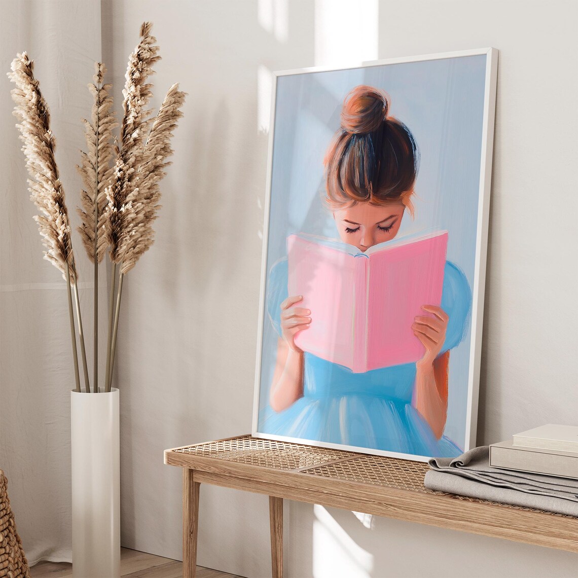 Girl With Top Bun Reading Pink Book Pastel Blue Nursery Poster - Image 2