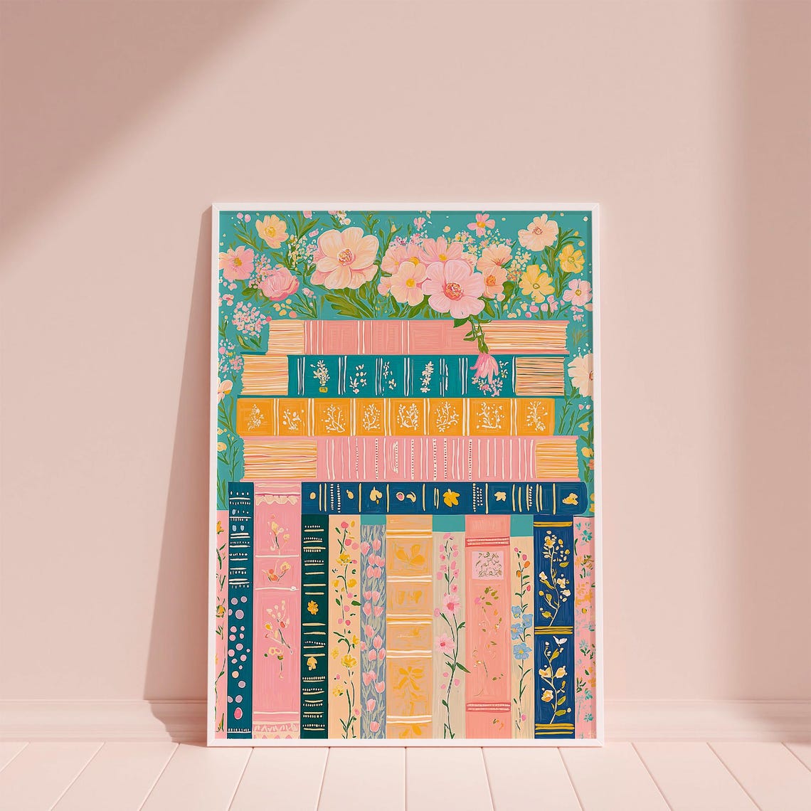 Teal Bookshelf Book Spines Stack Floral Botanical Book Lover Poster - Image 6