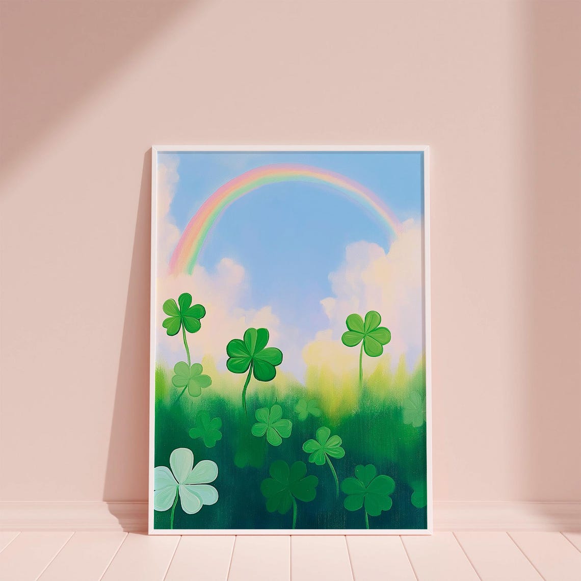 Rainbow Arching Over Green Clover Meadow St Patricks Day Decor Poster - Image 2
