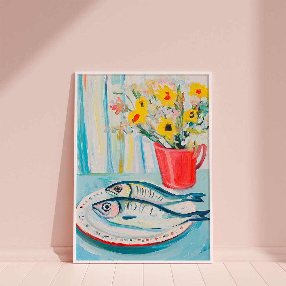 Two Fish on Plate With Wildflowers Coastal Kitchen Still Life Poster - Image 5