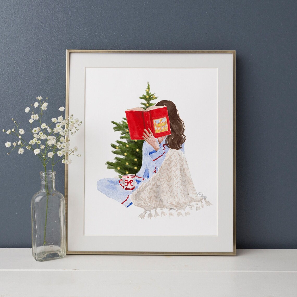 Christmas Bookworm Girl Reading Watercolor Art Print Cozy Holiday - Image 2