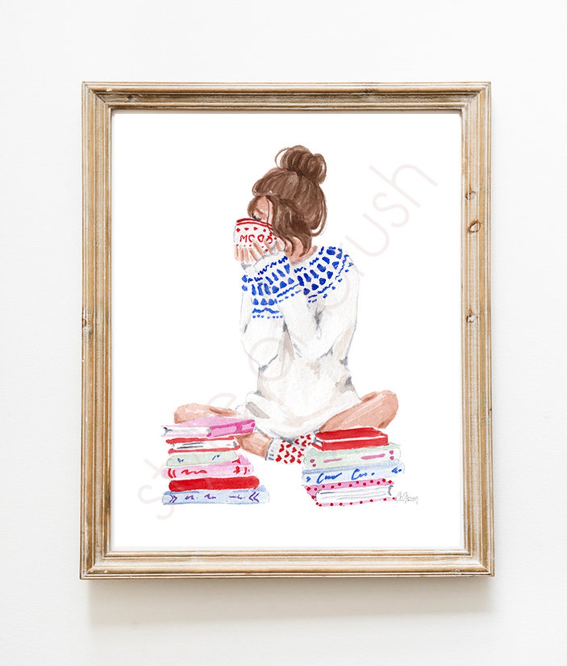 Book Lover Girl Sitting on Stacks of Books Drinking Coffee Poster - Image 2