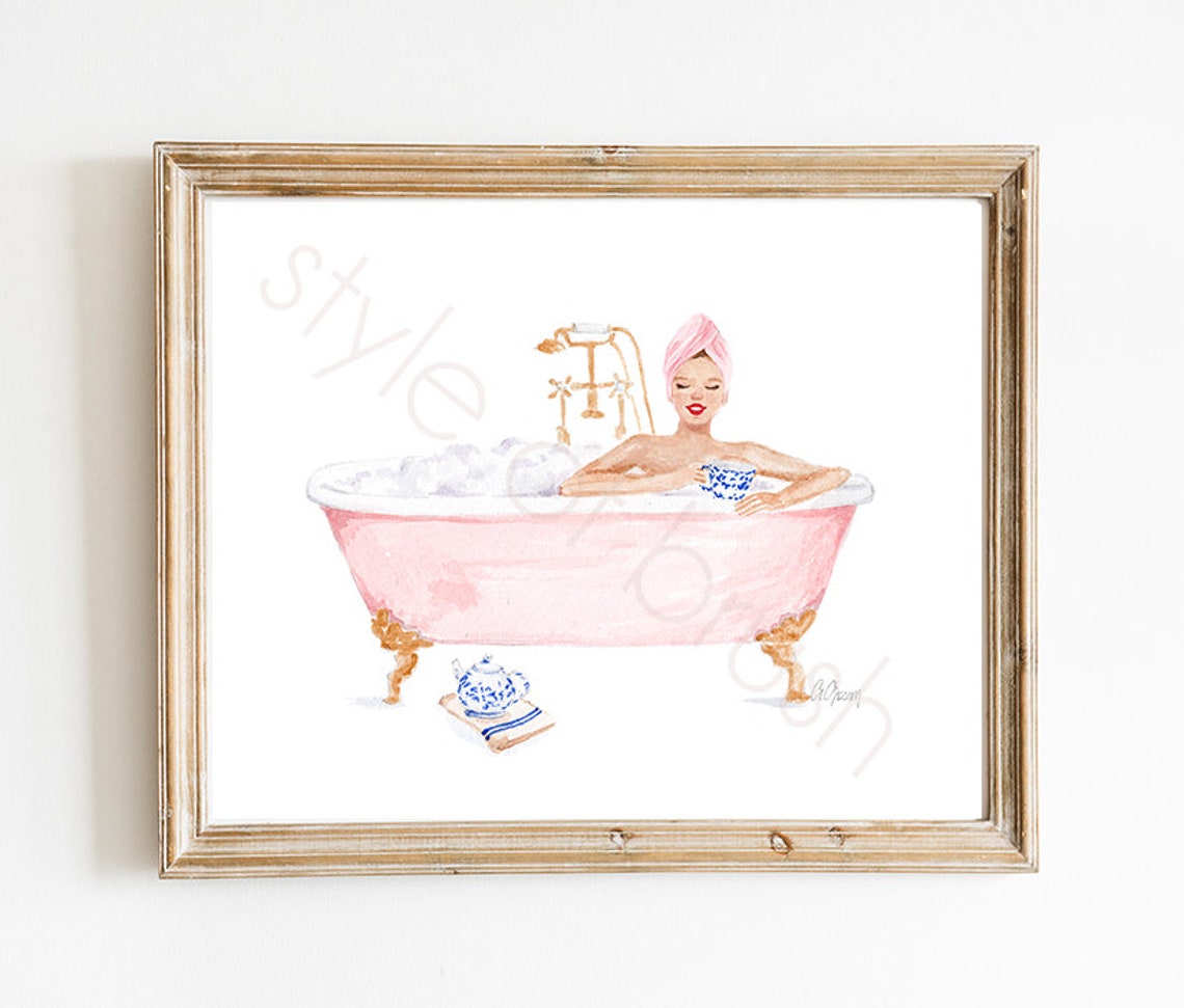 Woman Relaxing in a Pink Bubble Bathtub Spa Tea Cup Watercolor Poster - Image 2