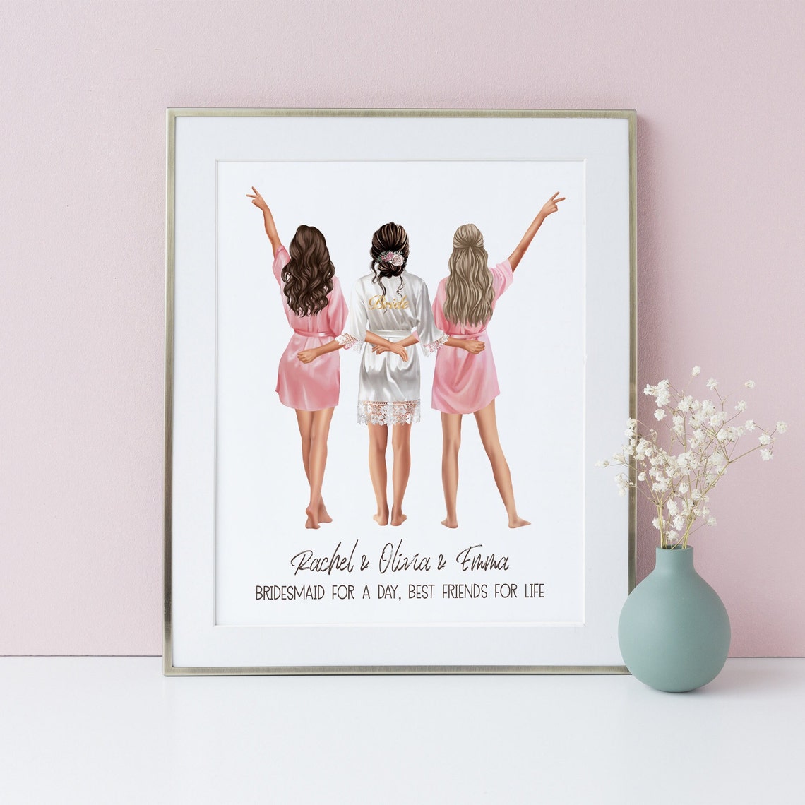 Personalized Bridesmaid Gift Wall Art Bride With Two Friends - Image 2