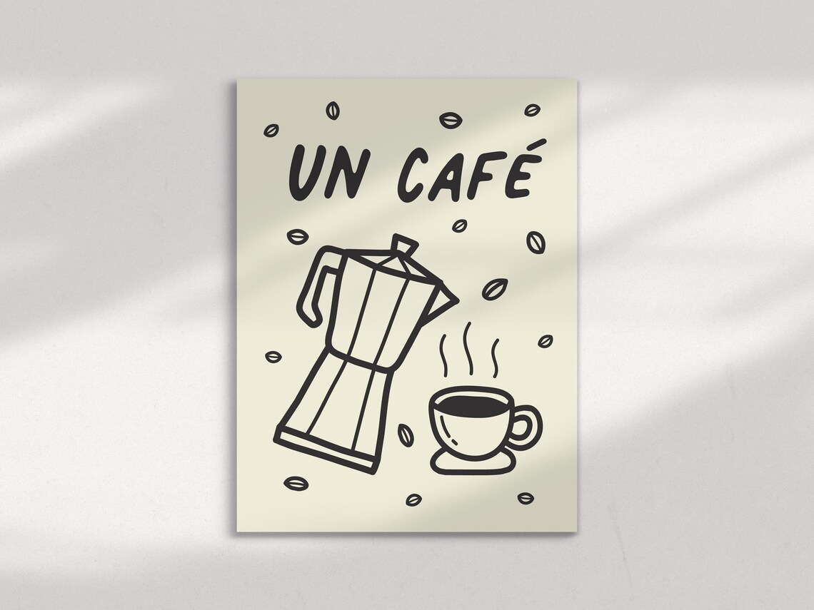Un Cafe Moka Pot Steaming Cup Line Doodle French Coffee Kitchen Art Print