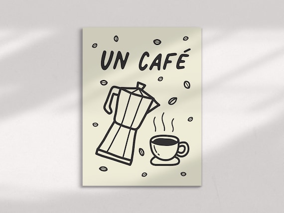 Un Cafe Moka Pot Steaming Cup Line Doodle French Coffee Kitchen Art Print
