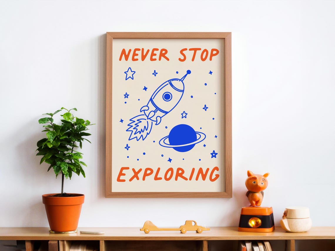 Never Stop Exploring Rocket Ship and Planet Kids Room Poster