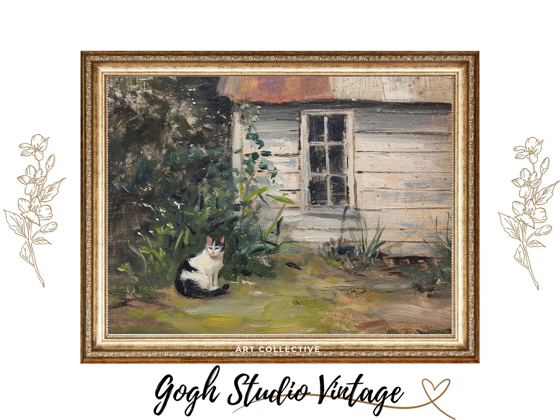 Cat In Farmhouse Village, Vintage Oil Painting Art Print