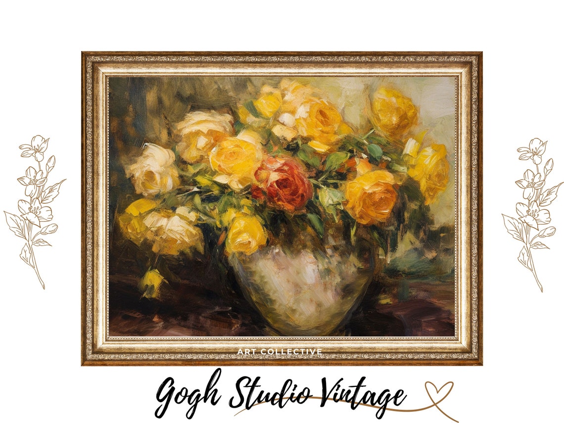 Yellow Roses Vintage Floral Still Life Art Print