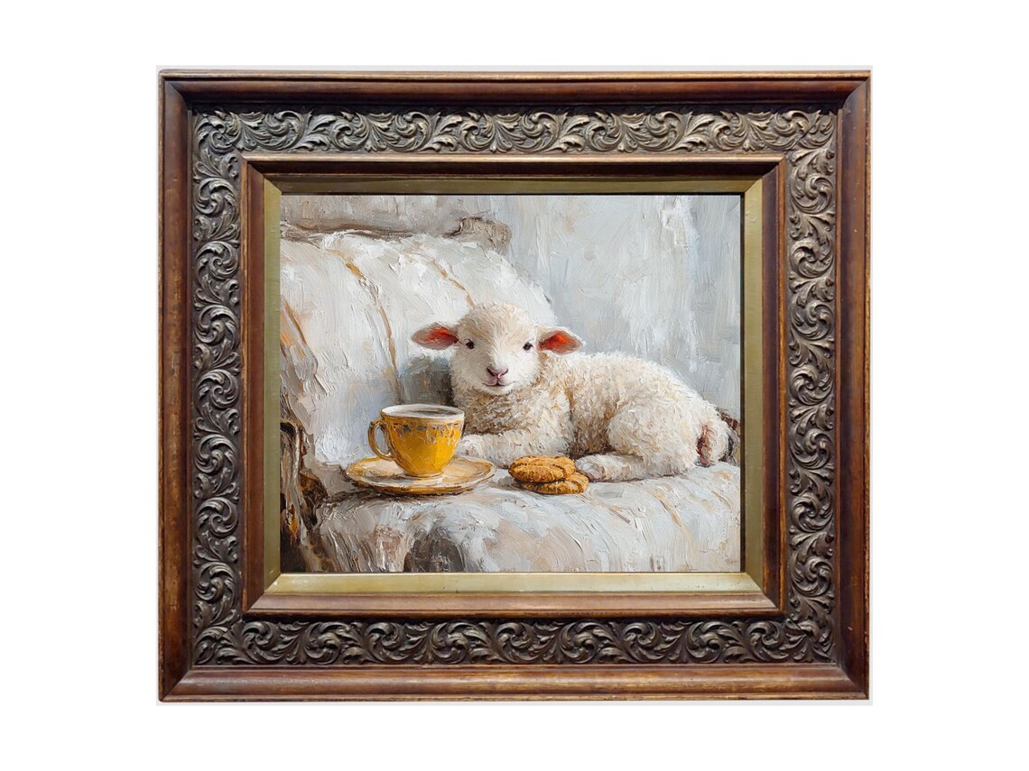 Cute Lamb Relaxing Cafe And Cookies, Vintage Art - Image 2