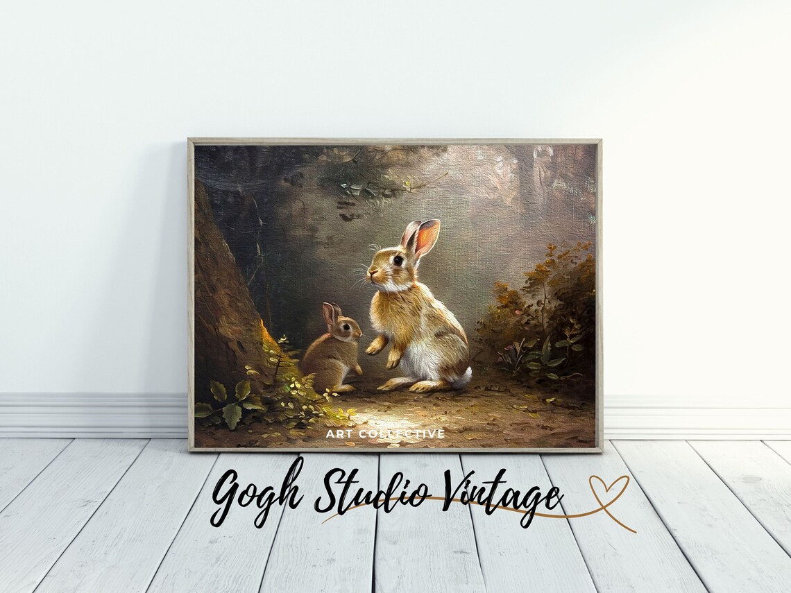 Two Young Rabbits In Sunlit Forest Vintage Animal Painting Poster - Image 2