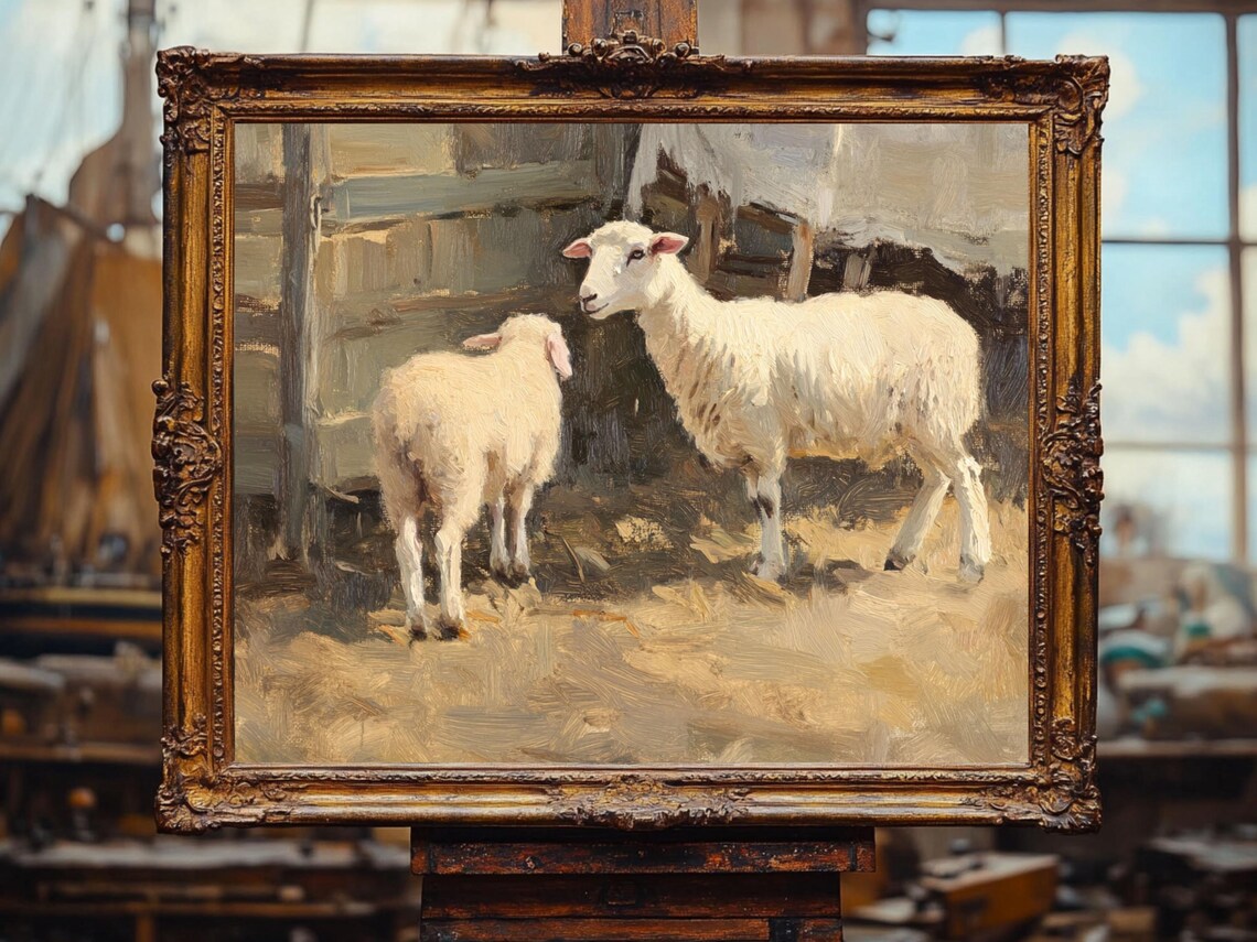 Rustic Farmhouse Sheep Vintage Animal Rural Life Art Oil Painting Cottage Core Art Vintage Painting Wall Art Prints - Image 2