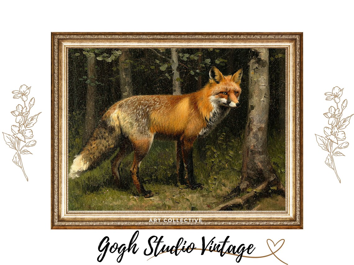 Red Fox in Dark Forest Vintage Wildlife Oil Painting Portrait Poster