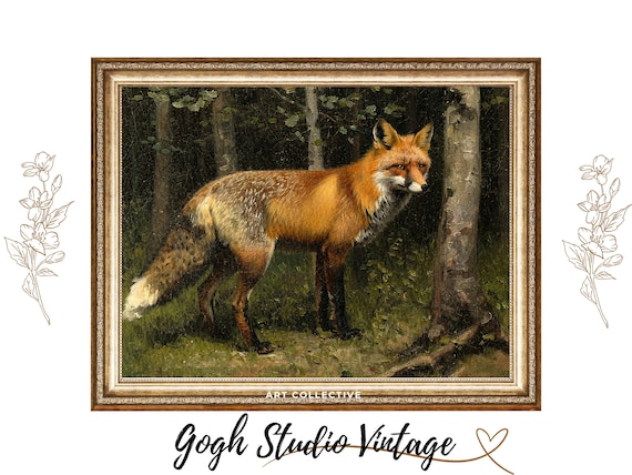 Red Fox in Dark Forest Vintage Wildlife Oil Painting Portrait Poster