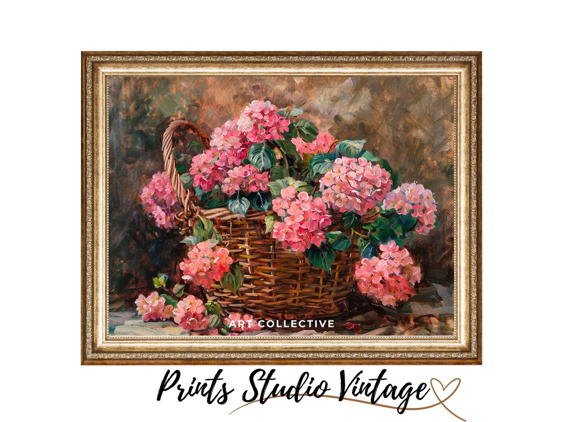Pink Hydrangea Vintage Flower Woven Basket Hydrangea Art Floral Painting Hydrangea Print Moody Impressionism Art