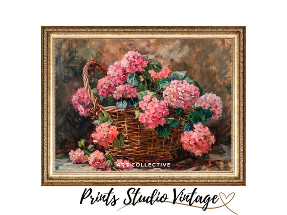 Pink Hydrangea Vintage Flower Woven Basket Hydrangea Art Floral Painting Hydrangea Print Moody Impressionism Art