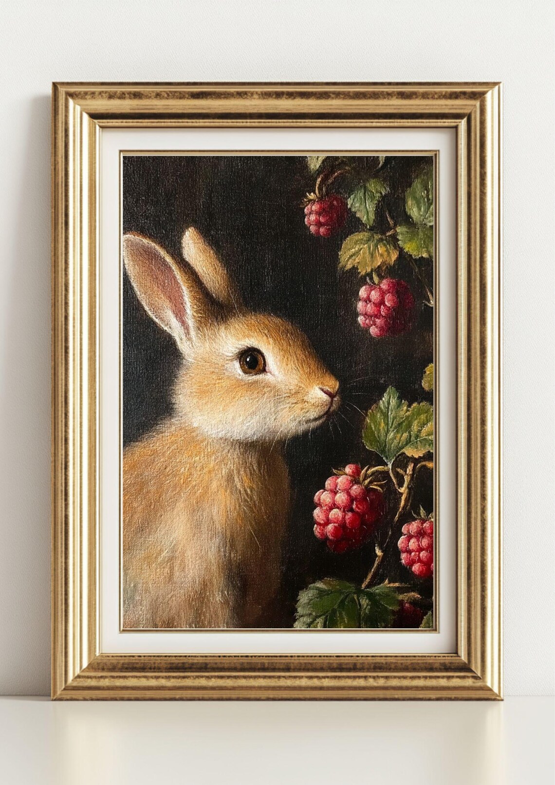 Baby Bunny Nestled Among Ripe Raspberries Vintage Woodland Oil Painting Poster - Image 2
