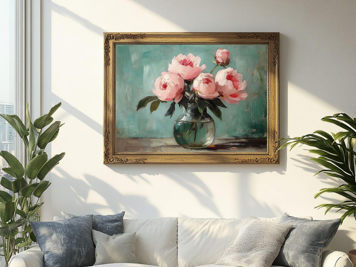 Peony Bouquet Oil Painting Vintage Floral Still Life Wall Art Oil Painting Vintage Painting Wall Art Prints - Image 2