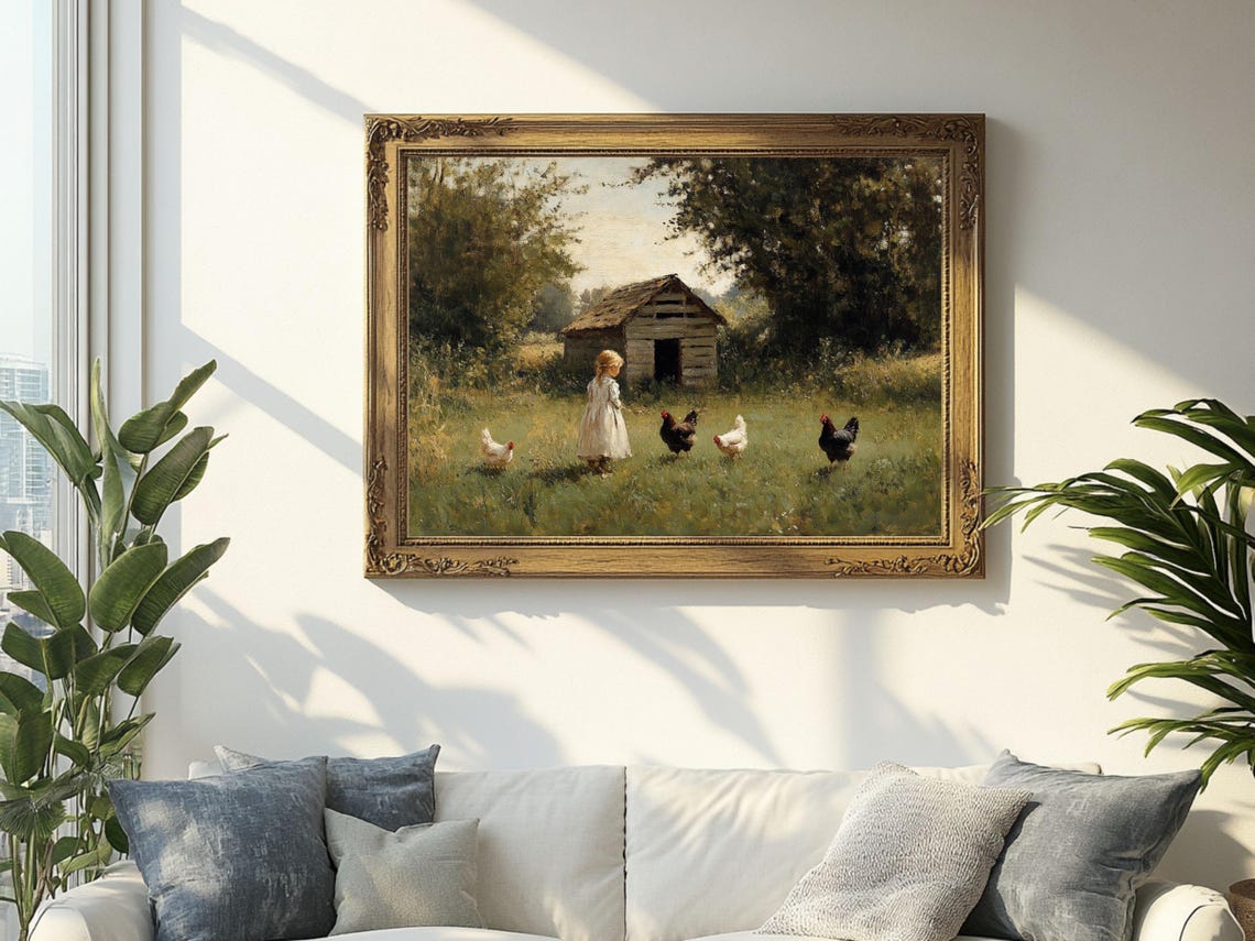 Little Girl With Chickens, Vintage Oil Painting - Image 2