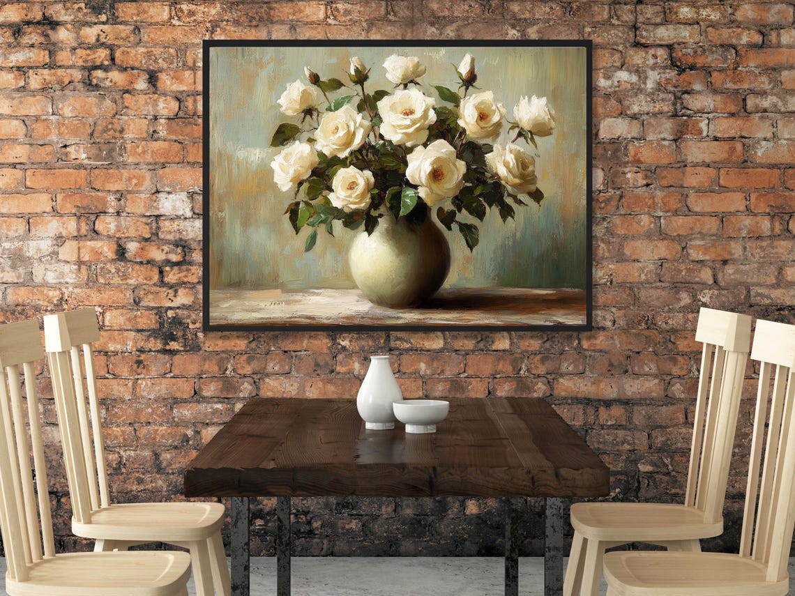 White Roses Painting Vintage Floral Art Oil Painting Cottage Core Art Vintage Painting Prints Downloads - Image 2