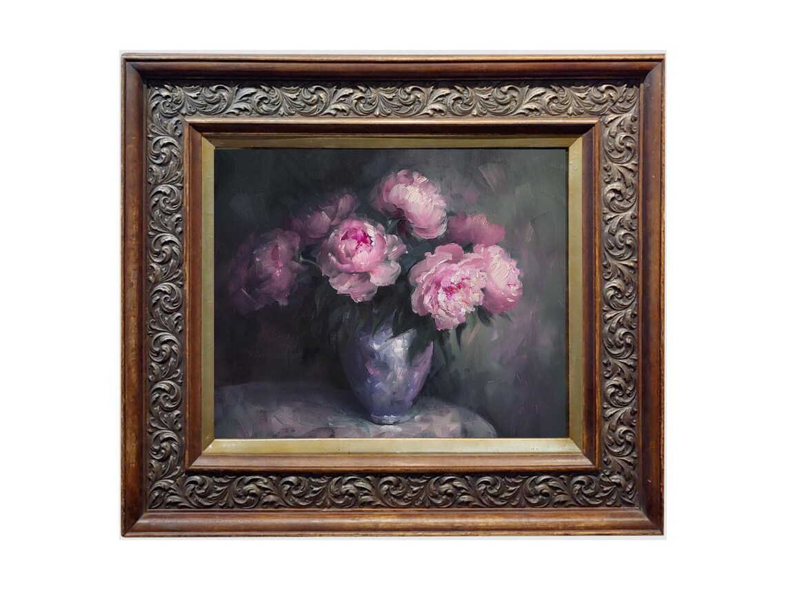 Dark Floral Pink Peonies Bouquet Vintage Wall Art Print - Image 2