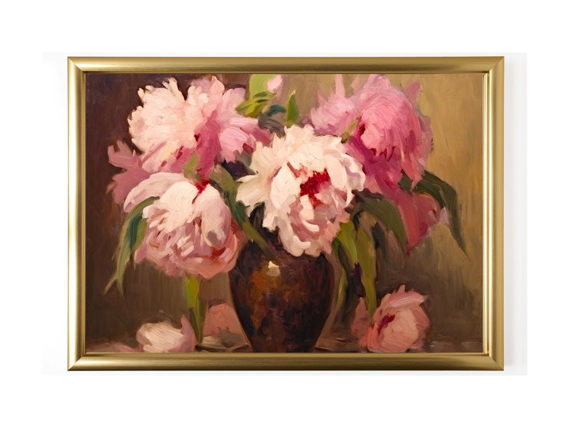 Peonies Art Print Peony Flowers Vintage Flower Painting Flower Vase Vintage Antique Oil Painting - Image 2