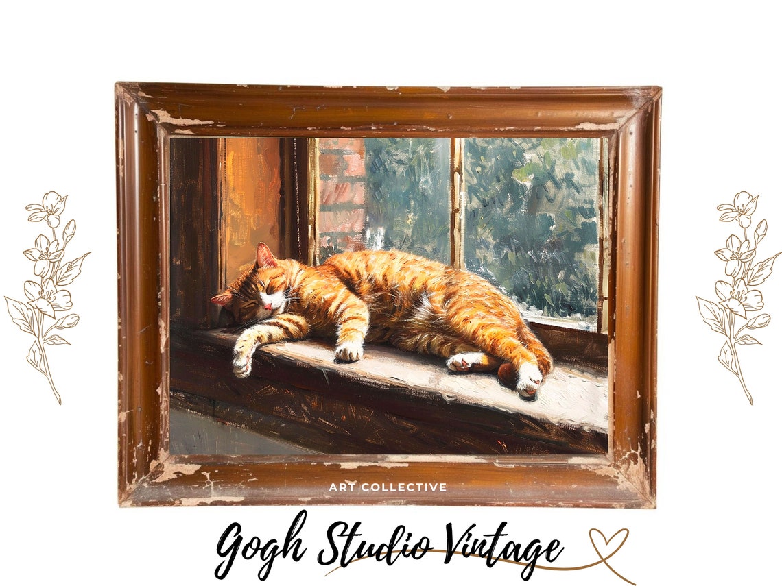 Funny Cat Oil-Painting Cat Sleeps On The Windowsill Print - Image 3