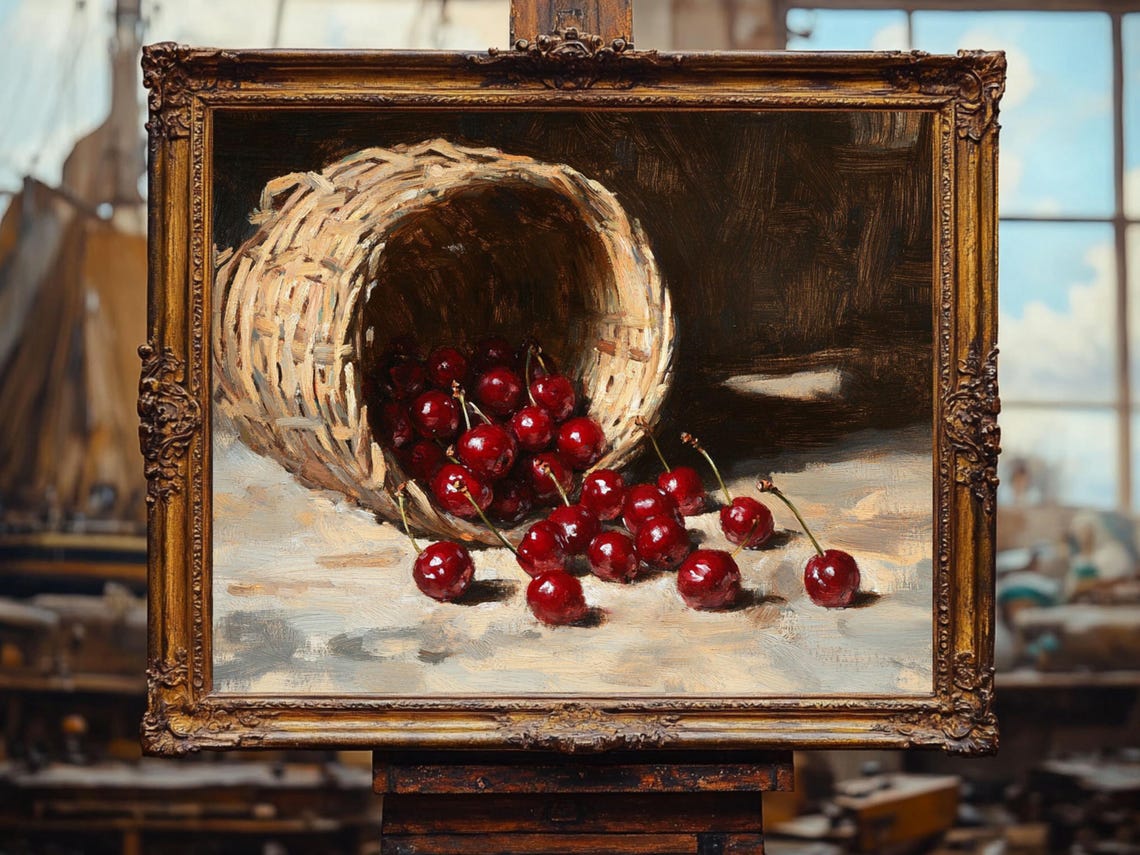 Basket Of Cherries Still Life Vintage Food Art Oil Painting Cottage Core Art Best Gifts Vintage Painting Wall Art Prints - Image 2