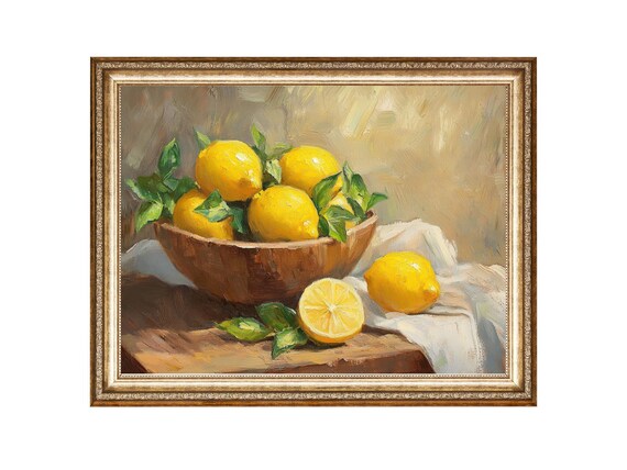 Lemon Art Print Citrus Art Yellow Kitchen Decor Oil Painting Cottage Core Art Best Gifts Vintage Painting Prints