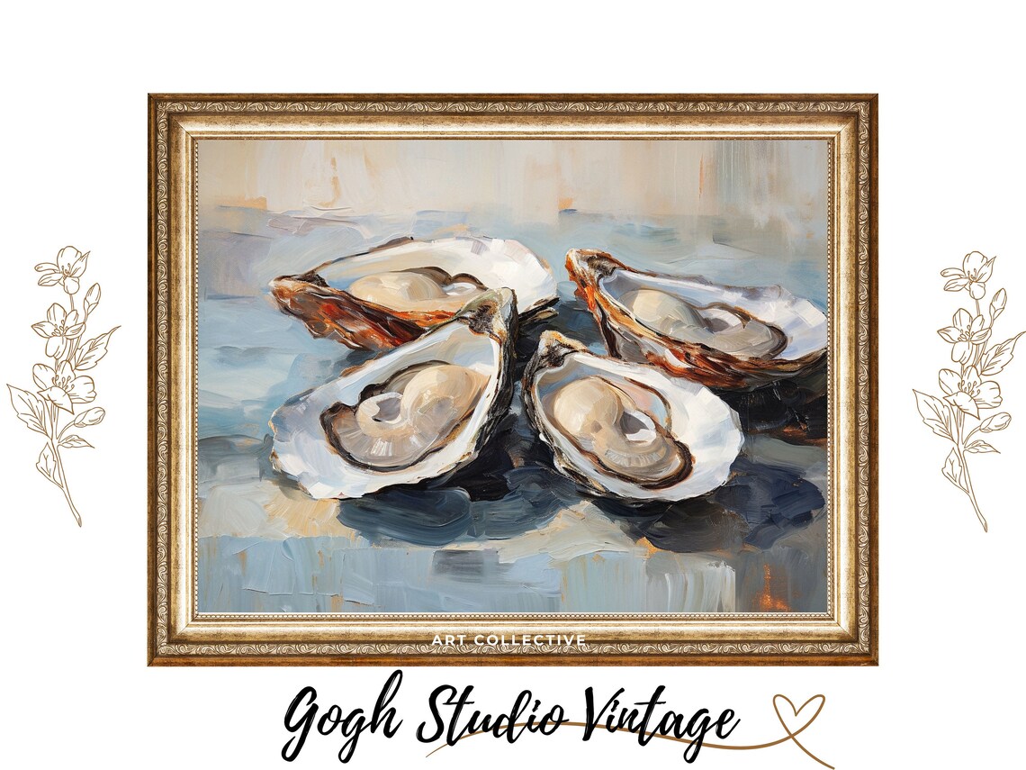 Vintage Oyster Still Life Oil Painting, Kitchen Art