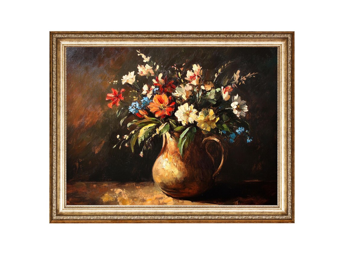 Wildflower Bouquet in Copper Jug Dark Floral Still Life Poster