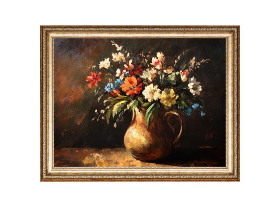 Oil Painting Rembrandt Style Flowers Jug Vintage Style Prints Cottage Core Gallery Wall Art Art Downloads