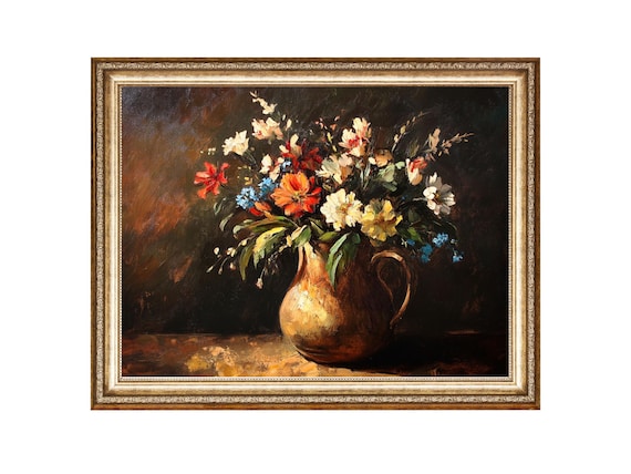 Wildflower Bouquet in Copper Jug Dark Floral Still Life Poster